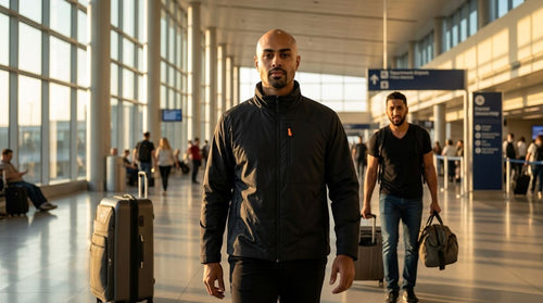 System26 travel jacket worn through an airport
